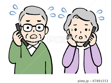 不審な電話に焦るシニアのイラストのイラスト素材