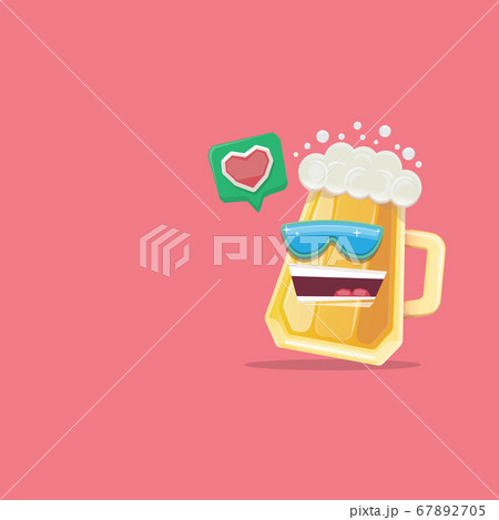 vector cartoon funky beer glass character with sunglasses isolated on pink background. Vector funny beer label or poster design template. International beer day cartoon comic poster or greeting banner 67892705