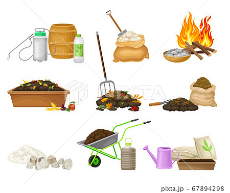 Organic Fertilizer Piles and Packs as Natural Nutrients for Soil and Plant Growth Vector Set 67894298