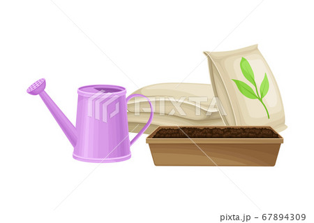 Watering Can and Pack with Synthetic Fertilizer for Soil and Plant Growth Vector Illustration 67894309