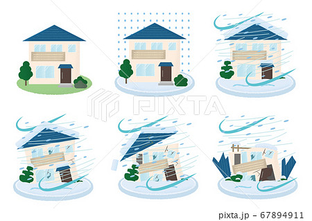 吹雪の被害を受ける住宅のベクターイラストセット 67894911