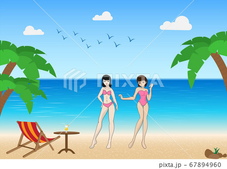 Two women happily smile at the beach and wear a sexy pink swimsuit. 67894960