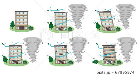 竜巻の被害に遭うマンションのベクターイラストセットのイラスト素材