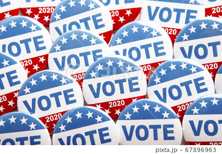 Presidential election buttons with US flag and text, political background 67896963