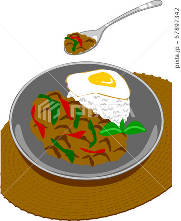 タイ料理のガパオライス（ガパオとハーブ）ひき肉のバジル炒めご飯 67897342