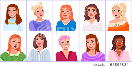 Girls portraits to waist with different hairstyles and color. Set of cute girls portraits in different types 67897384