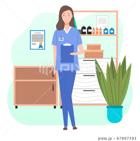 Veterinary care flat illustration. Veterinarian doctor female character in the medical office 67897393