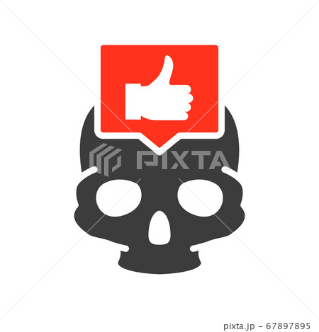 Skull with thumb up in speech bubble colored icon. Bone structure of the head, cranium symbol 67897895