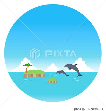 ジャンプするイルカと昼の海の丸フレーム 67898661