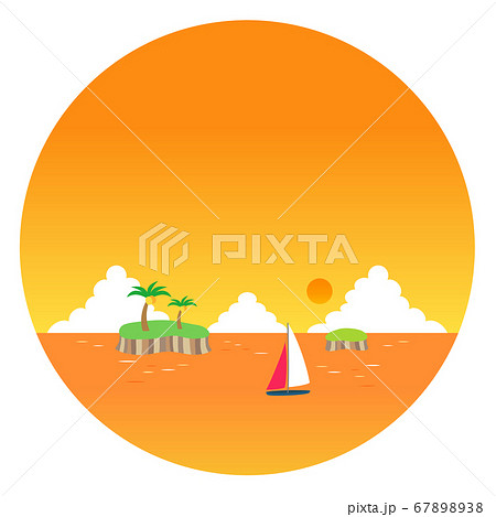 ヨットが浮かぶ夕焼けの海の丸フレーム 67898938