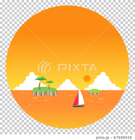 ヨットが浮かぶ夕焼けの海の丸フレーム 67898938