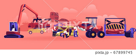 Car Dump Concept. Industrial Crane Claw Grabbing Old Car for Recycling, Automobiles Utilization, Dismantling Auto Scrap Car Dump Concept. Industrial Crane Claw Grabbing Old Car for Recycling, Automobiles Utilization, Dismantling Auto Scrap 67899745