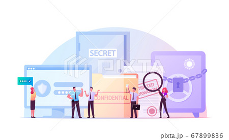 Insider Information, Characters Group of Limited Number and Restricted Access. Tiny People at Huge Monitor with Password 67899836