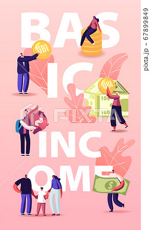 Ubi, Universal Basic Income Concept. Characters and House Made of Currency Bills. Men and Women with Coins. People Money Ubi, Universal Basic Income Concept. Characters and House Made of Currency Bills. Men and Women with Coins. People Money 67899849