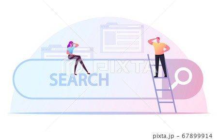 Tiny Male and Female Characters Search Information. Woman with Binoculars Sitting on Browser Interface, Man Look Forward 67899914