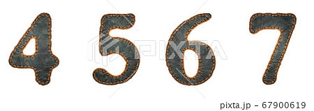 Set of numbers 4, 5, 6, 7 made of leather. 3D render font with skin texture isolated on white background. Set of numbers 4, 5, 6, 7 made of leather. 3D render font with skin texture isolated on white background. 67900619