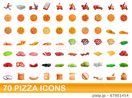 70 pizza icons set, cartoon style 67901454