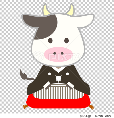 袴を着て座っているかわいい牛のイラストのイラスト素材