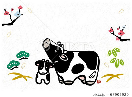21年 年賀状 丑年 牛 イラスト 21年年賀状 手描きの牛の親子のイラストのイラスト素材