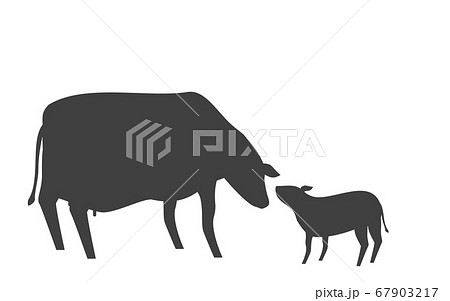 挨拶をする母牛と子牛のシルエットイラストのイラスト素材