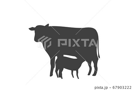 母牛の乳を吸う子牛のシルエットイラストのイラスト素材