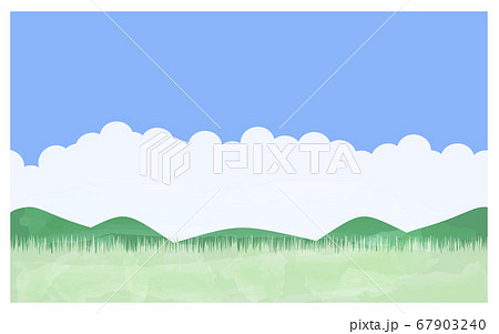 夏の草原のイラスト 青空と入道雲 山と原っぱのイラスト素材