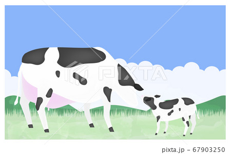 挨拶をする母牛と子牛のイラスト　夏の牧場で 67903250