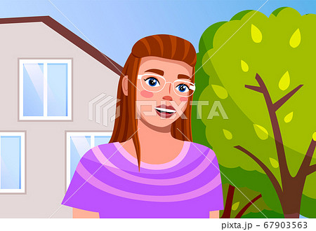 Red-haired girl in glasses at the family villa house with green trees in the home garden summer time 67903563