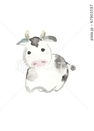 水彩で描いたかわいい牛の年賀状のイラスト素材
