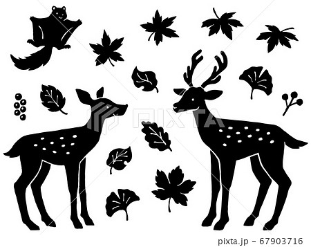 シカ モモンガ 葉っぱの手描きシルエットイラストセットのイラスト素材