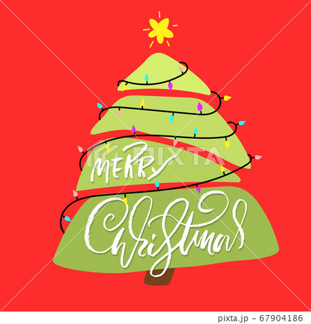 Hand drawn phrase Merry Christmas. Modern dry brush lettering design with Christmas tree. Vector typography illustration. 67904186