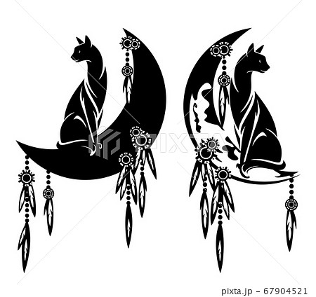 cat sitting on crescent moon dreamcatcher black and white vector design set 67904521