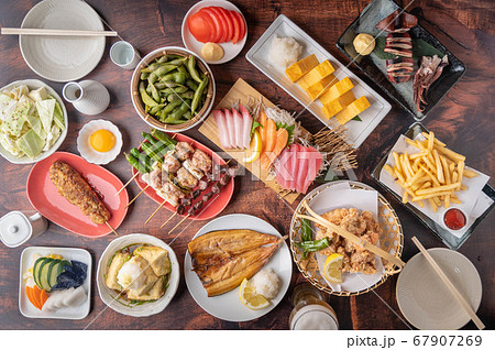 traditional japanese izakaya style foods on wooden traditional japanese izakaya style foods on wooden 67907269