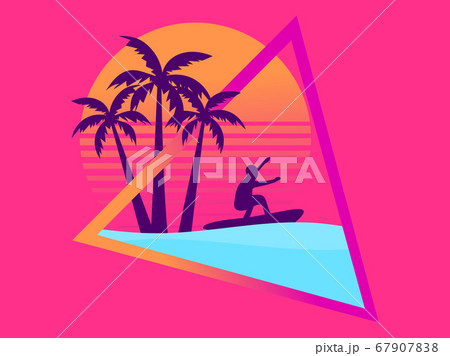 80s retro sci-fi surfer with palm trees on a 67907838