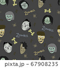 pattern of images of zombies and elements on gray background 67908235