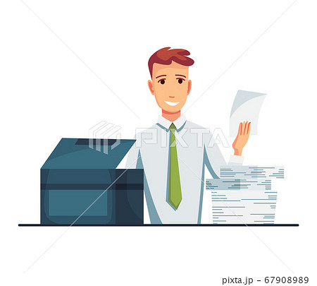 Office documents copier. Office worker prints documents on the copier. Man works on a photocopier. Concept of office work Office documents copier. Office worker prints documents on the copier. Man works on a photocopier. Concept of office work 67908989