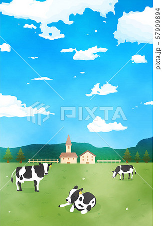 牧場と牛の水彩風景イラスト 67909894