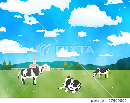 牧場と牛の水彩風景イラストのイラスト素材