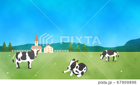 牧場と牛の水彩風景イラスト 牧場と牛の水彩風景イラスト 67909896