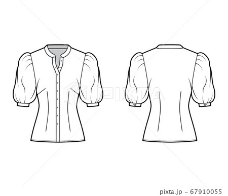 Stand collar shirt technical fashion illustration with elbow puff sleeve, front button-fastening, fitted silhouette 67910055