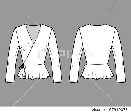Wrap blouse technical fashion illustration with fitted silhouette, ruffled hem, long sleeves, ties at waist. 67910073