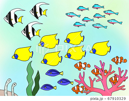 熱帯魚の群れ背景ありのイラスト素材