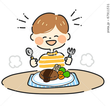 ハンバーグを食べる男の子のイラスト素材