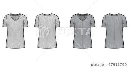 Ribbed V-neck knit sweater technical fashion illustration with short rib sleeves, oversized body, tunic length.  67911799