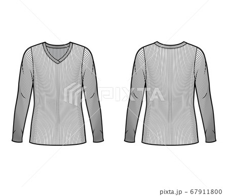 Ribbed V-neck knit sweater technical fashion illustration with long sleeves, oversized body, tunic length.  67911800