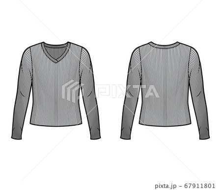 Ribbed V-neck knit sweater technical fashion illustration with long sleeves, oversized body  67911801