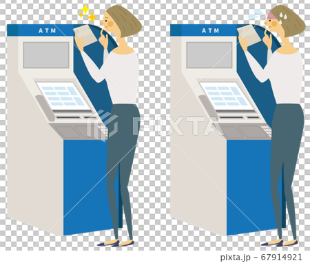 A woman with a smile and a troubled expression operating an ATM 67914921