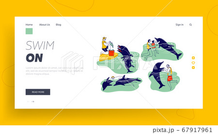 People Swimming with Dolphins Landing Page Template. Adults, Children Characters Playing with Cute Sea Animals, Feeding 67917961
