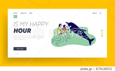 Parent and Child Characters Swimming and Playing with Dolphins in Sea or Ocean Landing Page Template. Therapy Recreation 67918052