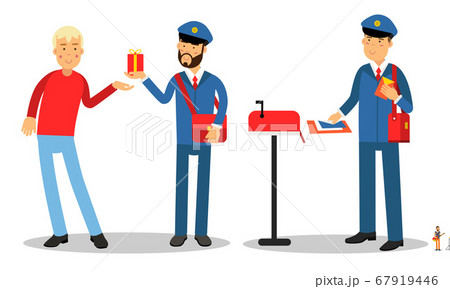 Postman Wearing Uniform Engaged in Daily Routine Vector Illustration Set 67919446